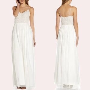 NWT Adrianna Papell Beaded Bodice Tulle Skirt Full Length Gown in White Sz. 10